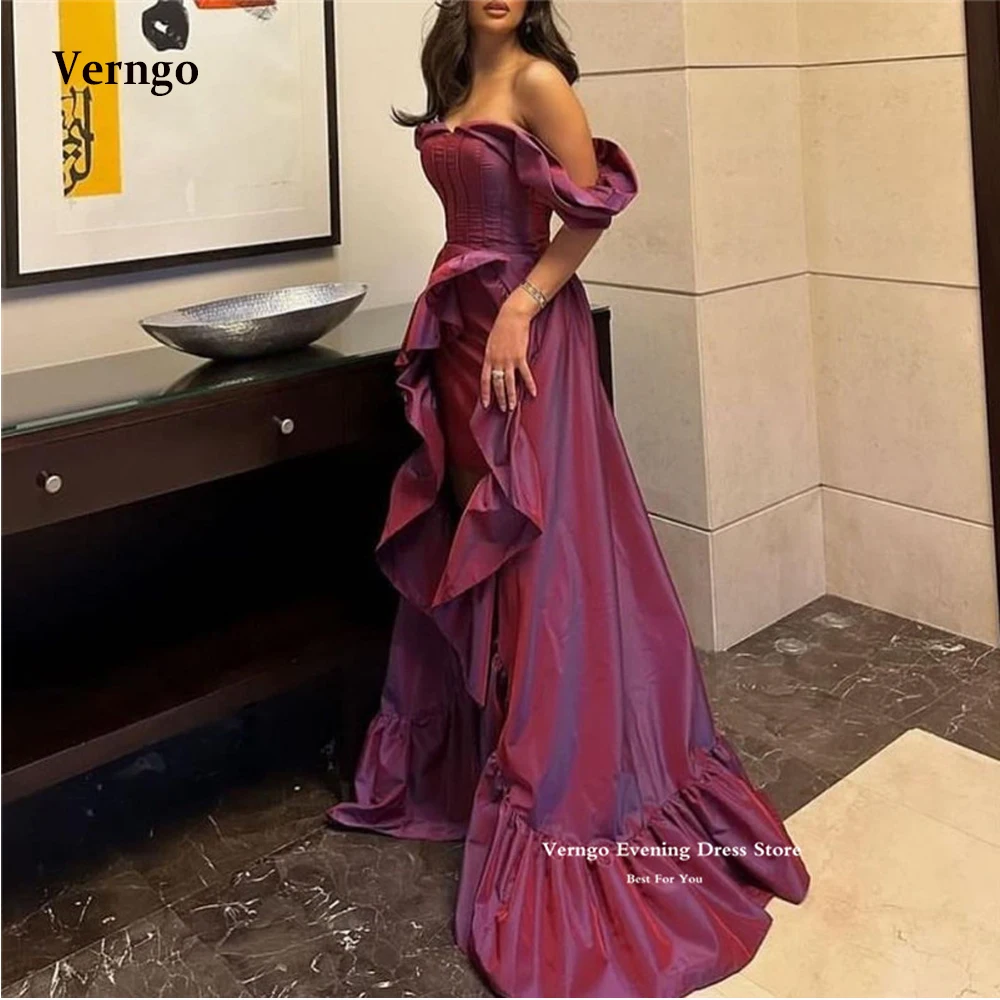 

Verngo Dark Purple Taffeta Long Prom Dresses Off the Shoulder Sleeves Saudi Arabic Women Evening Gowns Abendkleider Party Dress