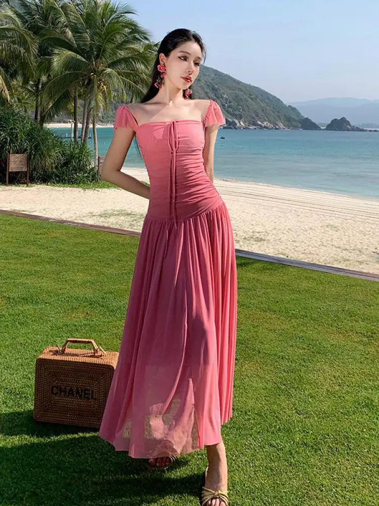 

2024 Summer Sweet Pink Flying Sleeve Elegant Backless Pleated Long Dress Fashion Slim Evening Party Lace-up Dress Women Sexy New