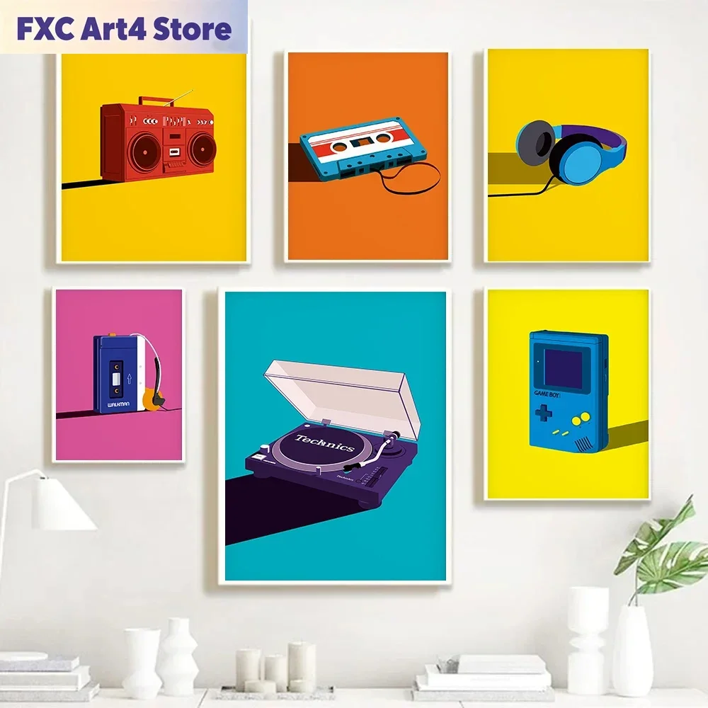 Frameless Pop Art Retro 80s Cassette Tape Poster Record Deck Music Canvas Painting Vintage Wall Art Picture for Living Room Home