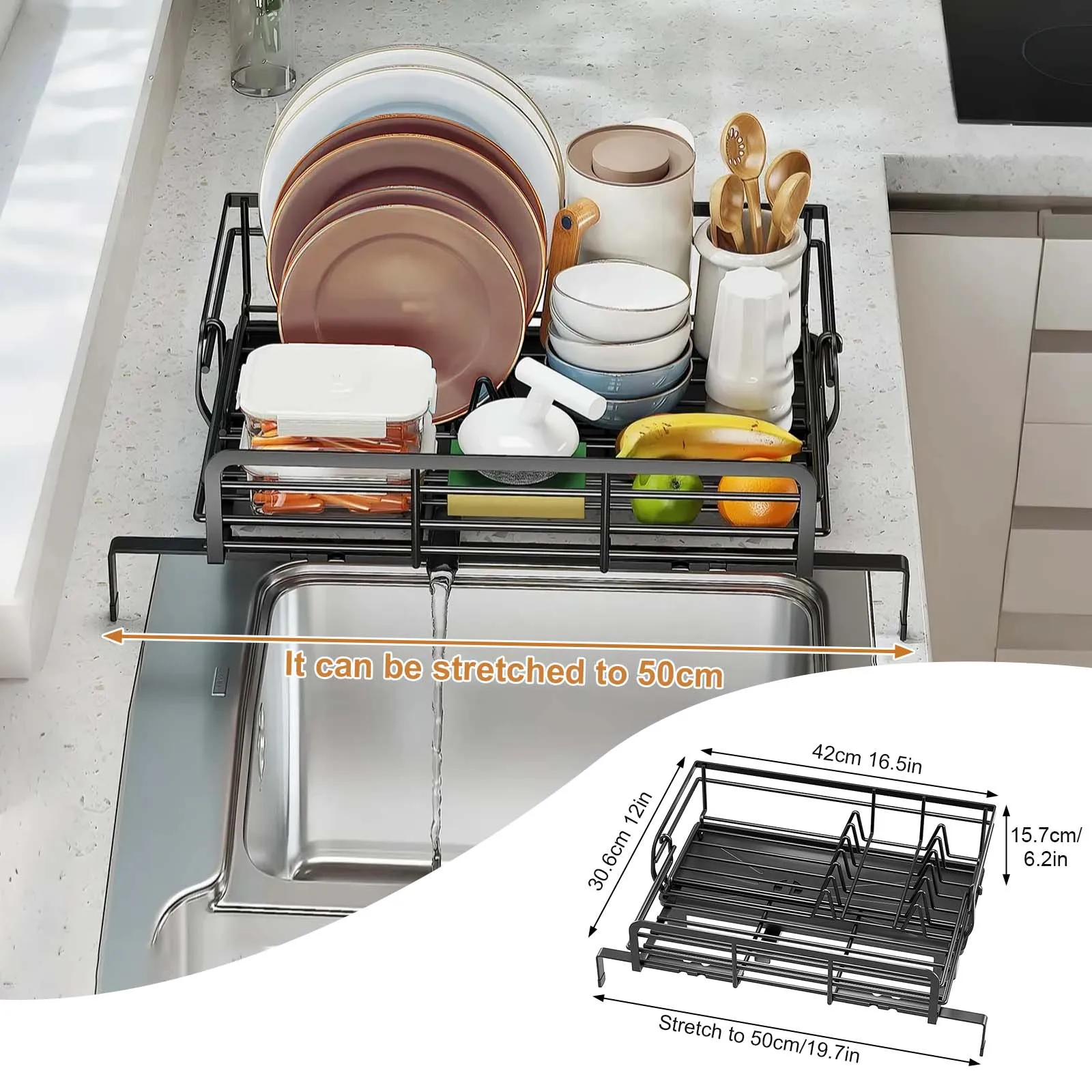 Extendable Dish Rack - Drainboard,V-Shaped Card Slot,Rustproof - Large Extendable Dish Rack Perfect For Apartments, RVs And Small Spaces