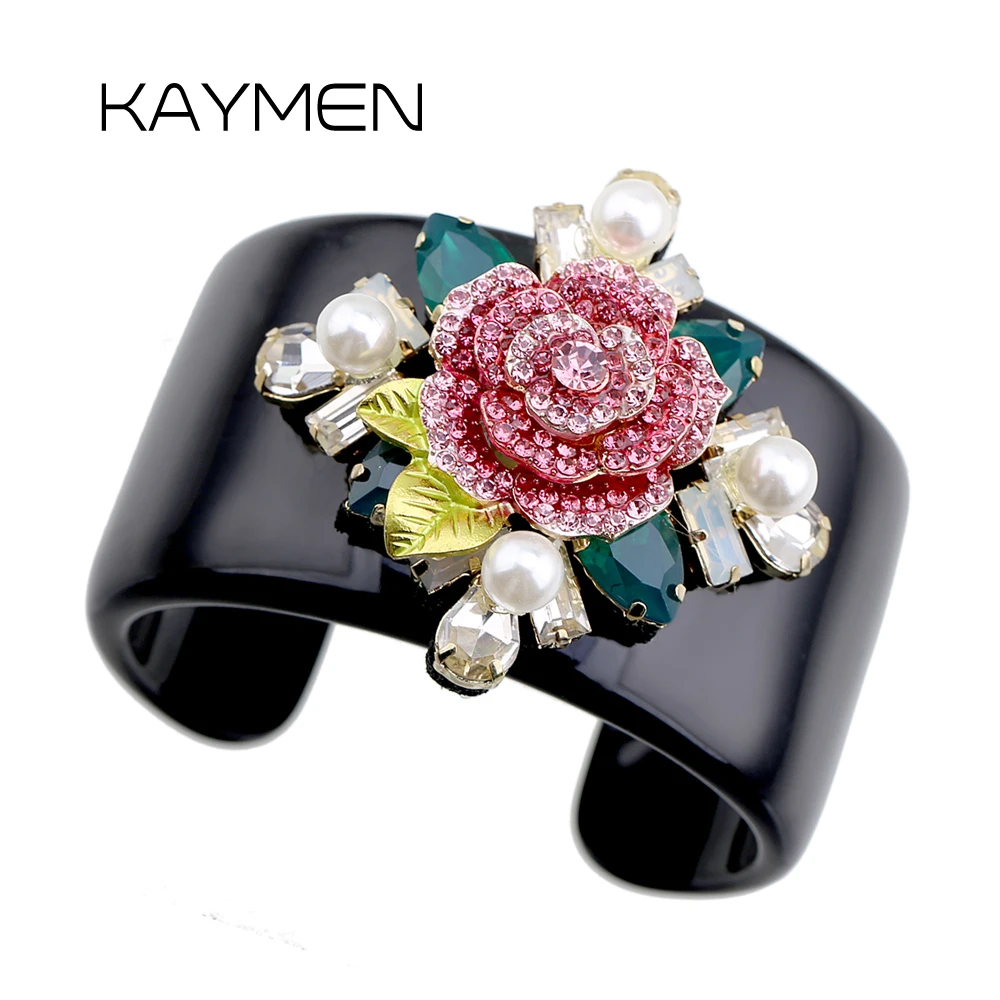 

KAYMEN Black Resin Cuff Bracelet Statement Bangle and Crystal Beads Flower Luxury Handmade Bangle Fashionable Bracelet for Girls