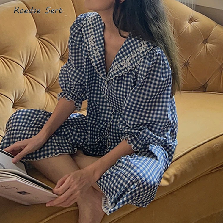 

Blue Plaid Cotton Pajamas Doll Collar Embroidery Long Sleeve Single-breasted Homewear 2024 Spring Autumn New Two Piece Sets
