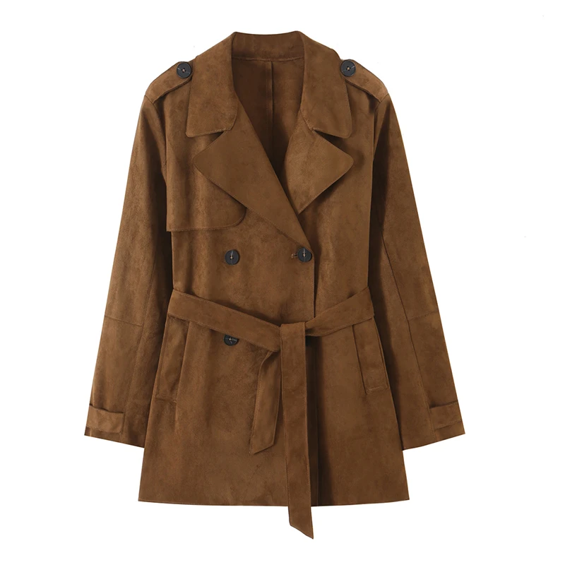 Guobioziy 2026 Fall Women Elegant Belted Trench Outerwear Notched Lapel Double Breasted Epaulet Waist Defined Daily Jacket