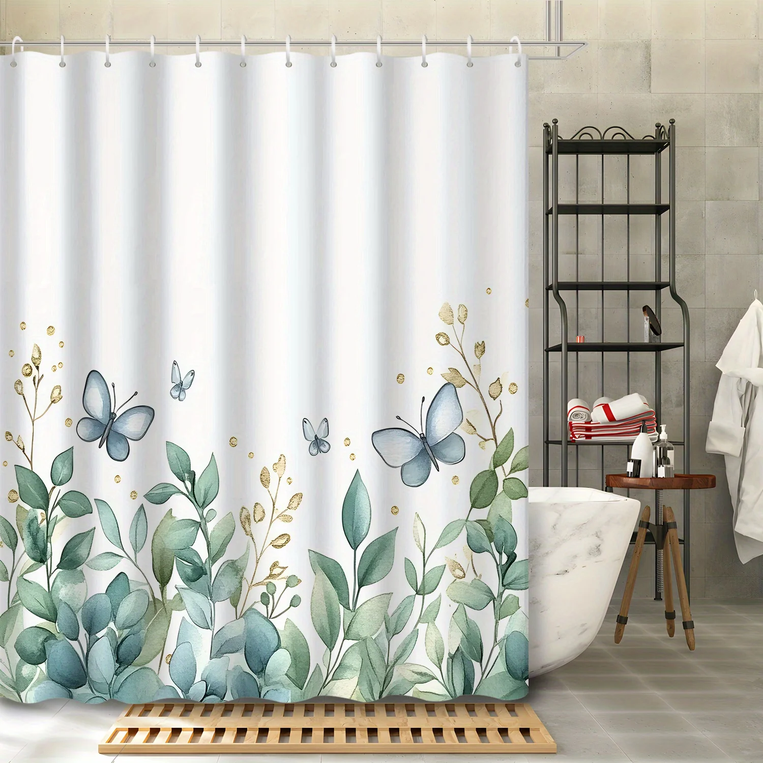 

1 шт., скандинавская акварельная занавеска для душа с зелеными свежими листьями и бабочками, 12 крючков в комплекте, домашний декор, аксессуары для ванной комнаты