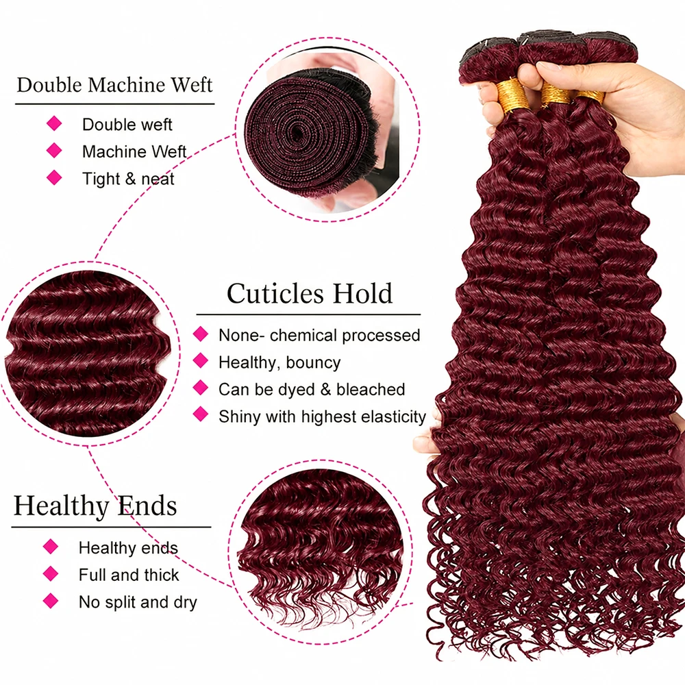 15A Deep Wave Human Hair Bundles 99J Burgundy Bundle Hair 100% Brazilian Virgin Hair Extensions Kinky Curly Ponytail Human Hair view 2