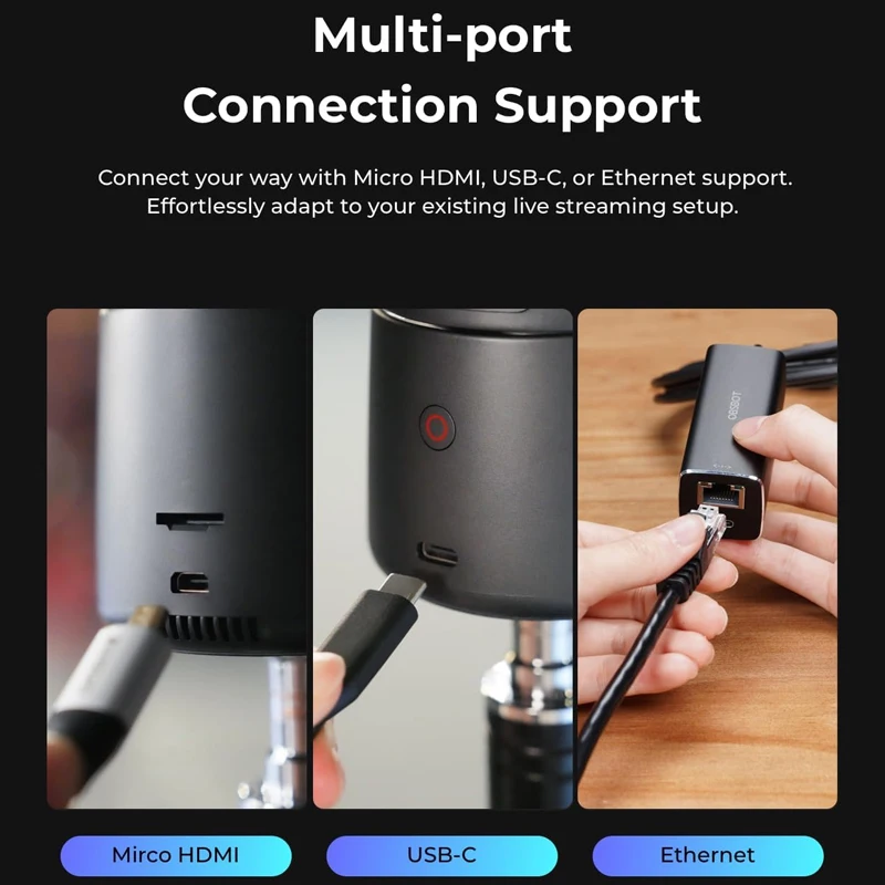 كاميرا ويب OBSBOT Tail Air 4K AI تتبع PTZ مع التحكم في التطبيق والتحكم بالإيماءات HDMI/USB-C/كاميرا ويب لاسلكية ليوتيوب والعبادة