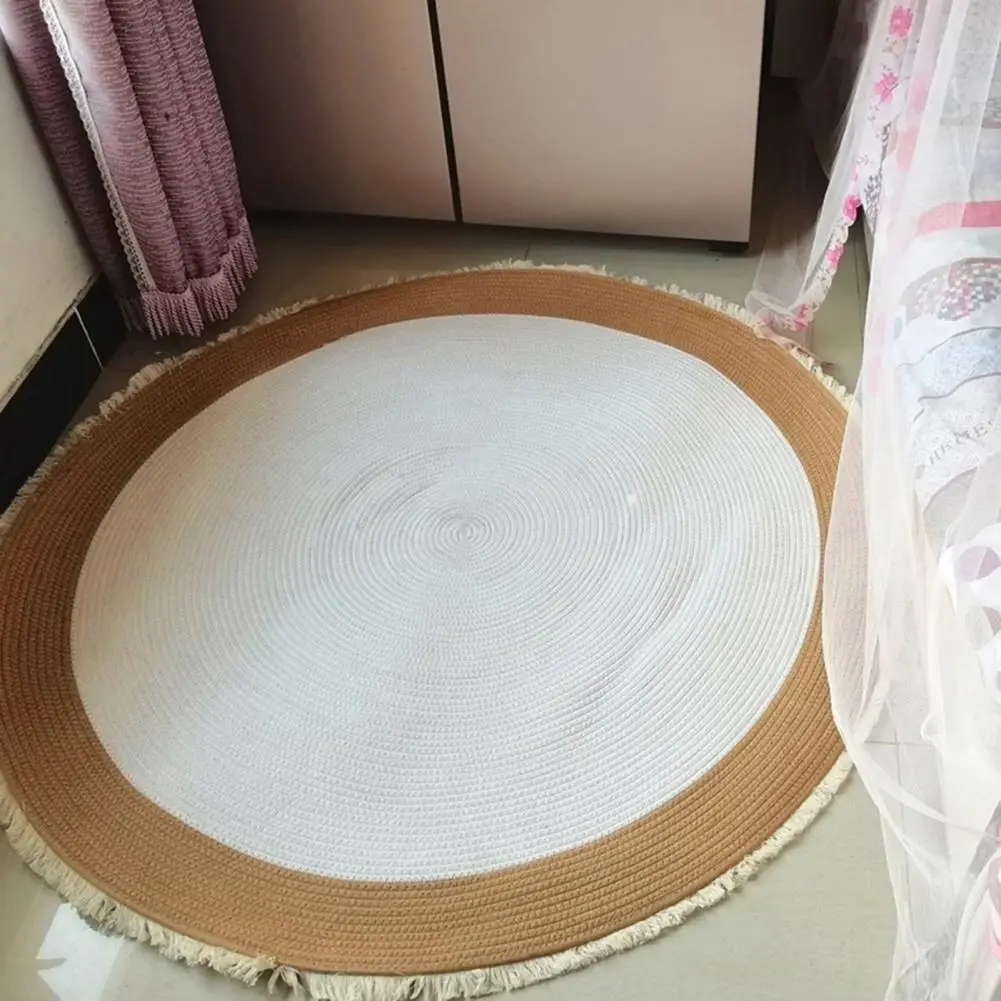 Tassel Carpet for Room Soft Cotton Rope Construction Rug Braided Round Cotton Rope Area Rug with Fringe Tassels Vintage for Room