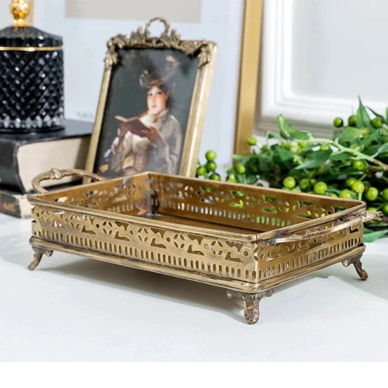 Luxurious Brass Large Fruit Dish Antique Tea Tray \ Jewelry Display Plate with Handle Cosmetic Holder Villa Showroom Highlight