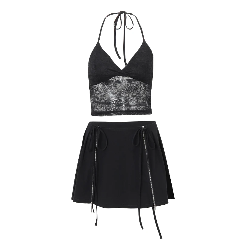 Wheremery Sexy Party Two Piece Set New Lace Mesh V-Neck Strap Summer Women\'s Short Skirt Two Piece Set Nightclub Two Piece Set