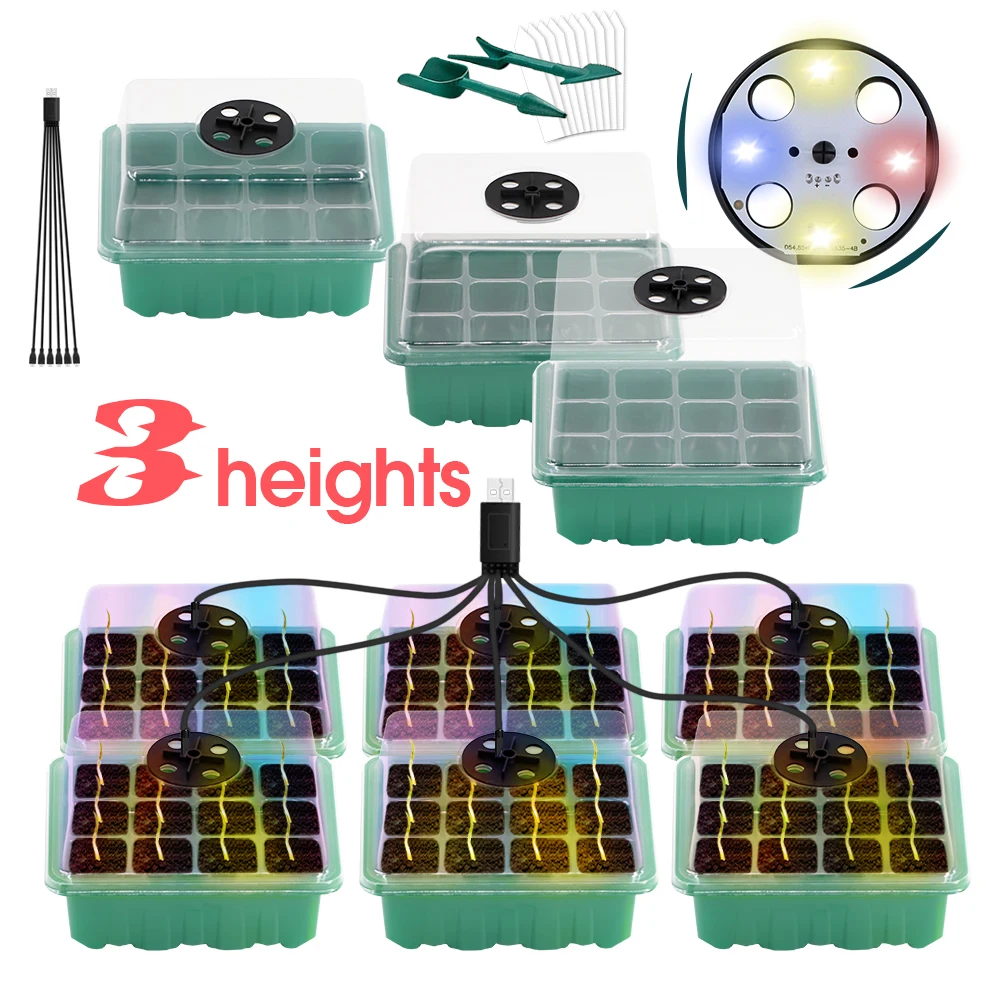 11CM 14CM 16CM 12-Hole Seed Starter Kit with Full Spectrum LED Grow Lights Tall Nursery Tray Pot Herbs Plants Germination Box