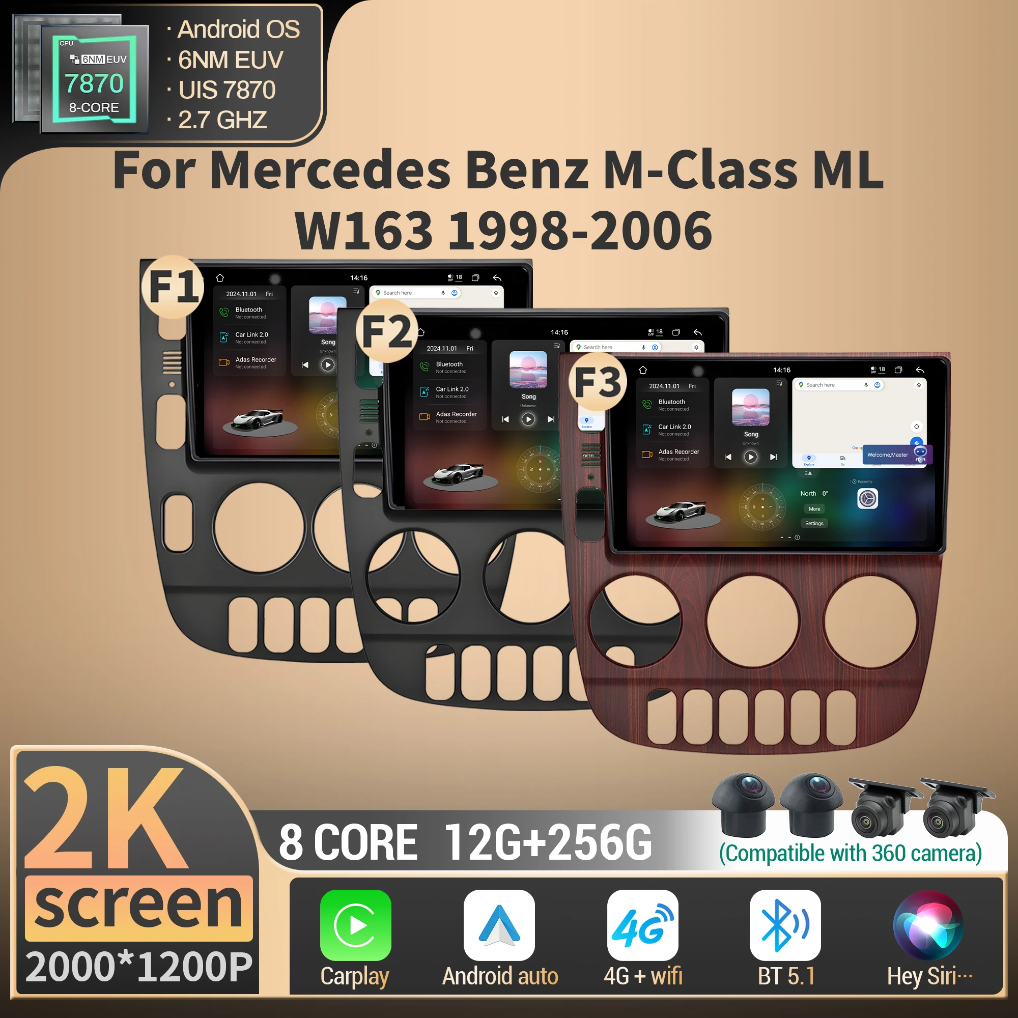 

For Mercedes Benz M-Class ML W163 1998-2006 Multimedia Car Radio Android Wireless BT Carplay 4G GPS CPU 7870 2K QLED Screen