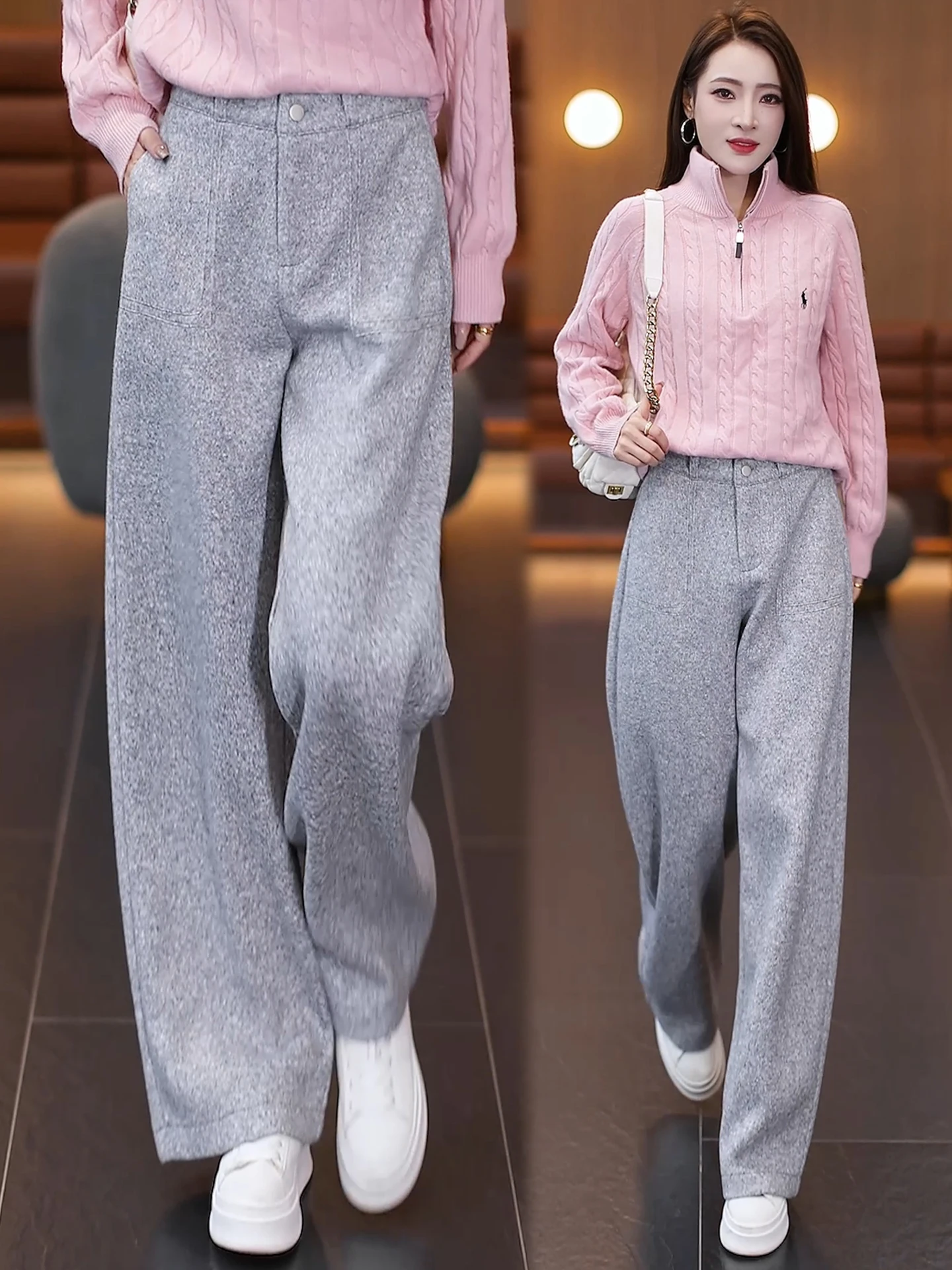 

Шерстяные брюки с высокой талией и широкими штанинами для женщин: осенне-зимние, свободные, струящиеся, повседневные, прямые, модные, стройнящие