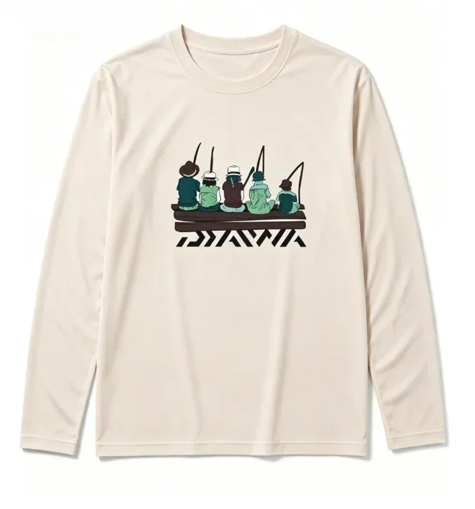 Outdoor Men Long Sleeve Fishing T‑Shirt Cartoon Dock Fishermen Print UPF50+ UV‑Proof Quick Dry Breathable Angling Sport Top