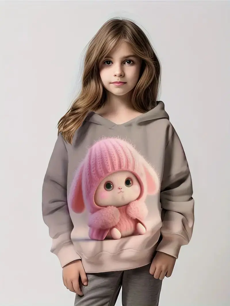 

Realistic Rabbit Dress Costume Print Girl Fashion Cute Long Sleeve Hooded Sweatshirt Top Children Autumn and Winter Costume 2024