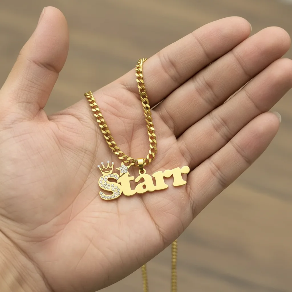 

Customized Zircon Style Nameplate Crown Pendant Necklace for Men Women with 5mm Chain 18K Gold Plated Stainless Steel Jewelry