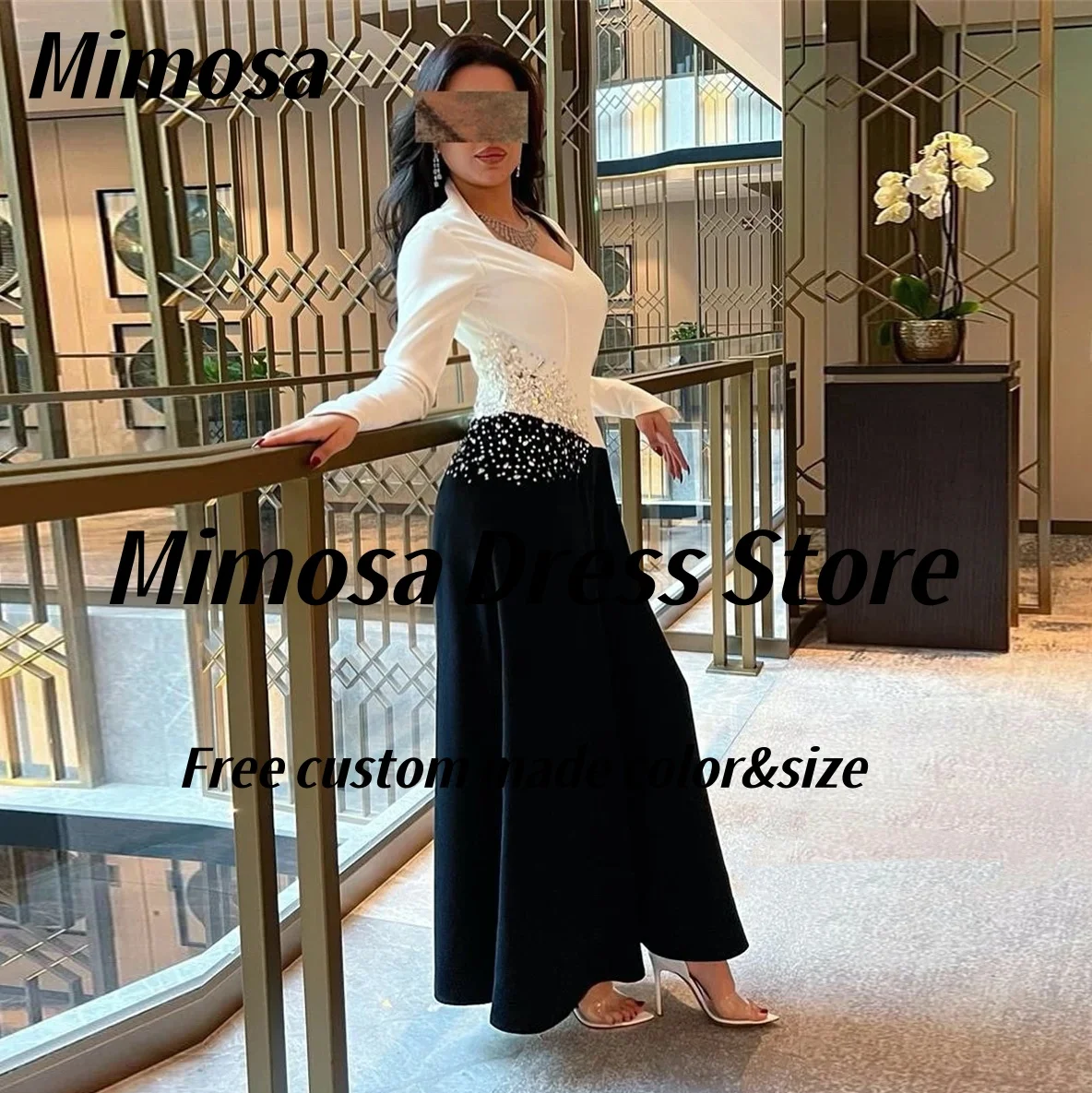 

Mimosa белые и черные платья для выпускного вечера 2025 с квадратным вырезом и бисером Vestidos Des Noches с длинными рукавами, вечерние платья в Саудовской Аравии по индивидуальному заказу