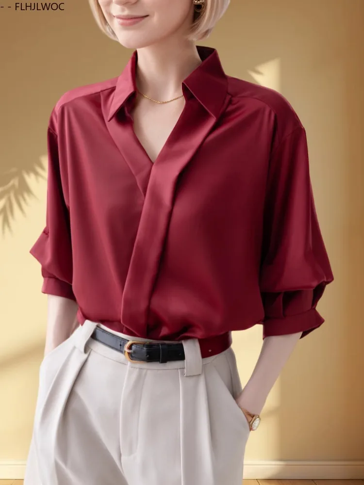 

Office Lady Basics Fashion Wine Red Shirts New Women Summer Solid V Neck Tops Blouses French Design Elegant Interview Work Shirt