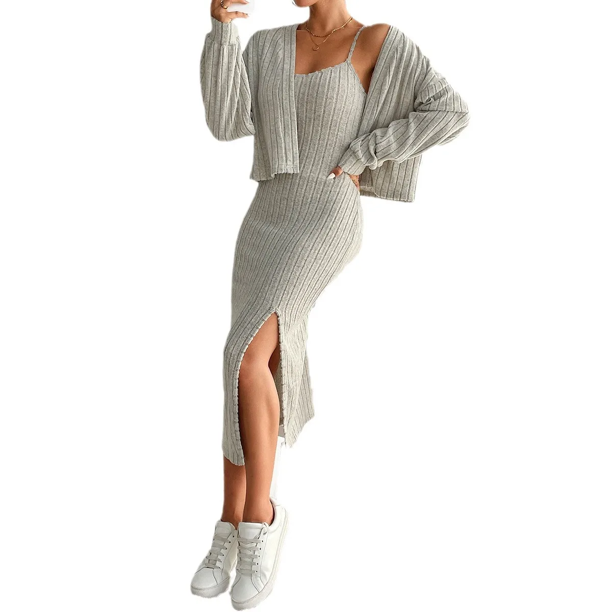 Autumn Long Sleeve Knit Sweater Two Piece Sets Womens Outifits Knit Jacket and Sexy Long Dress Set Womans Clothes Matching Sets