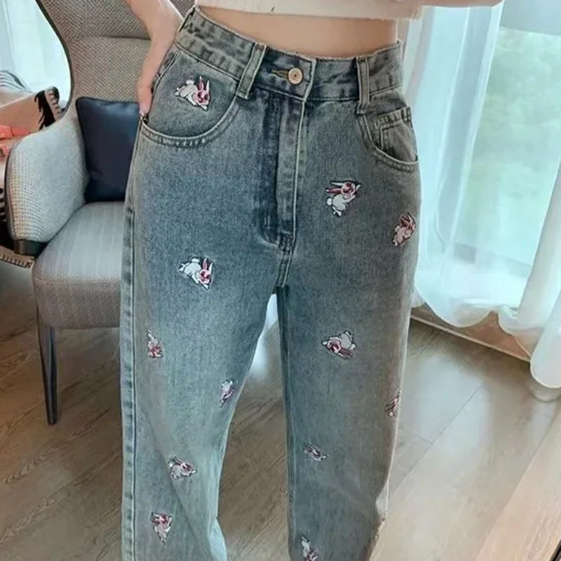 

Blue Trousers Embroidered Womens Jeans High Waist Shot Straight Leg Pants for Women with Pockets Retro Grunge Y2k Good Quality A