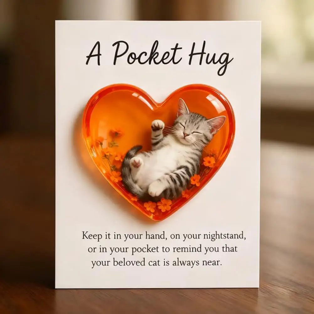 Inspirational Pocket Hug Cat Pocket Hug Token Inspirational Card Keepsake for Cat Owners Emotional Support Heart-shaped