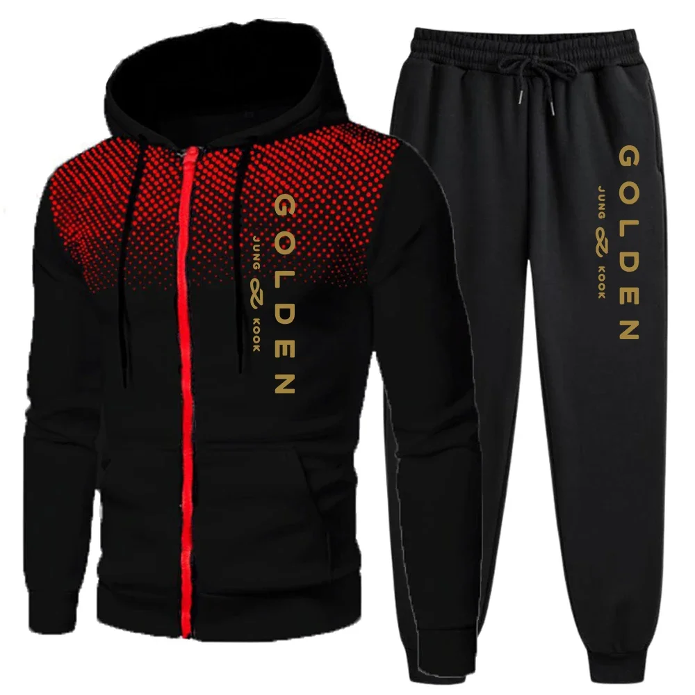 2025 Mens Tracksuits Print Casual Round Dot Zipper Hoodies+Jogging Pants 2 Pcs Set Mens Sweatshirt Coat Trend Quality Streetwear