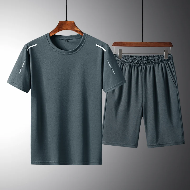 Men Fitness Suit Men's Summer Mesh Outfit Set Quick-drying Short Sleeve T-shirt Elastic Waist Drawstring Shorts Loose Sportswear