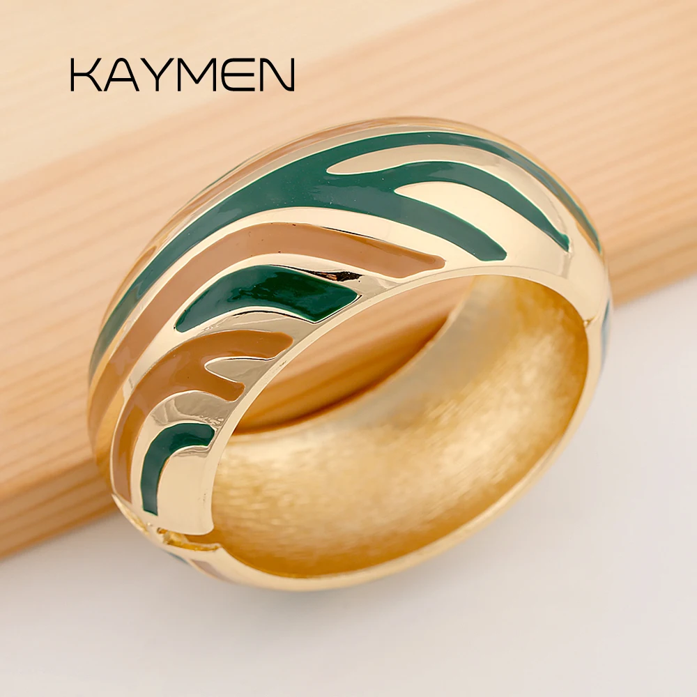 Fashionable Gold Plaing Enameled Colourful Stripe Stack Bracelets Statement Chunky Bangle For Women Teens Wide Wristband Jewelry