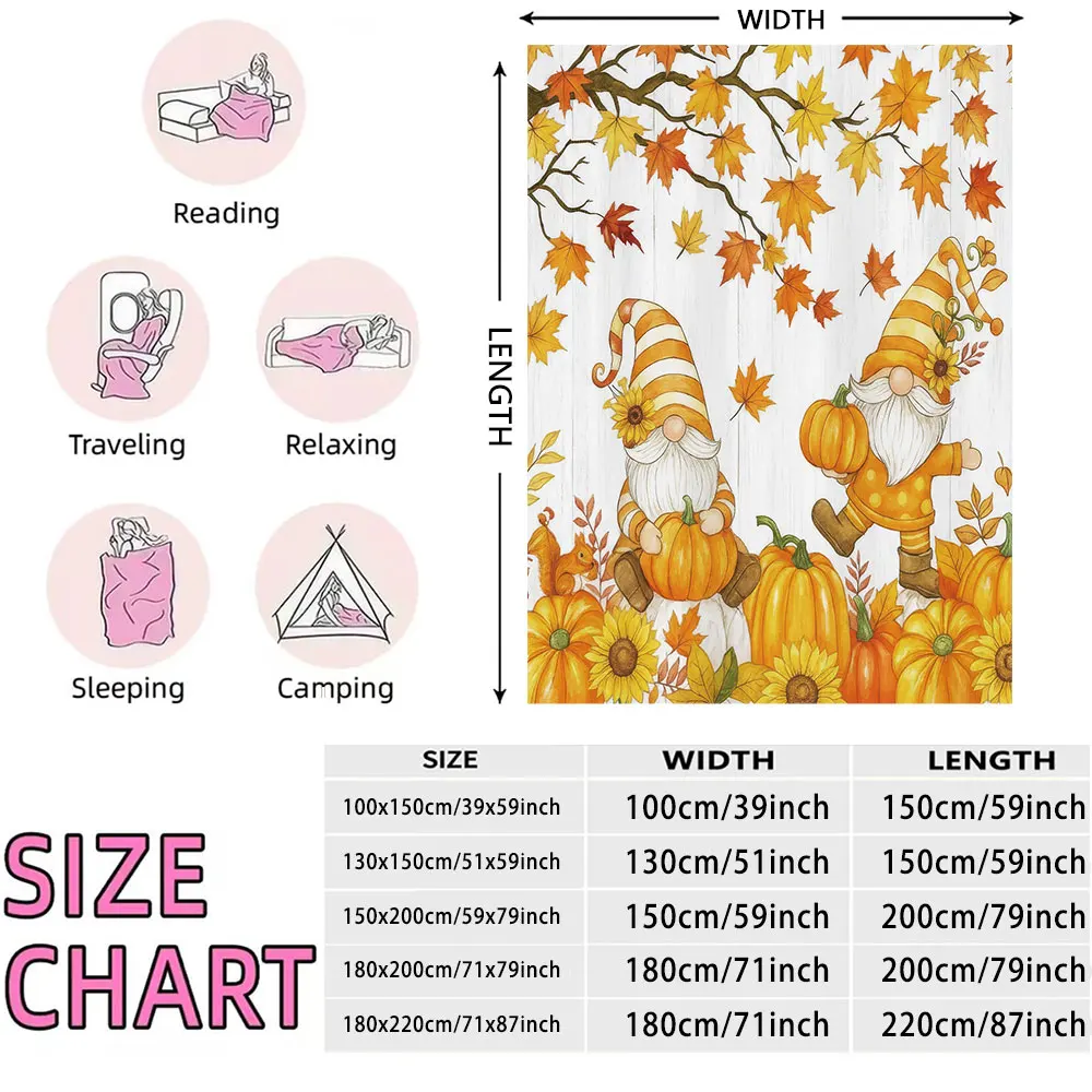 230G Flannel Fleece Blanket Gnome Pumpkin Maple Leaf Print Cozy Warm Blanket for Autumn Home Decor