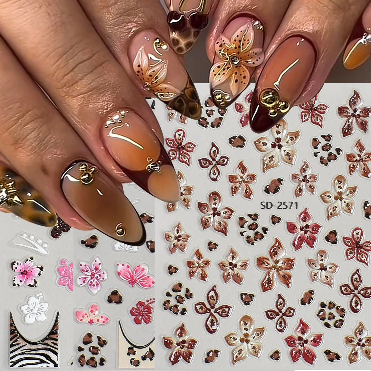 2 Stück 5D geprägte Leopard Hibiskus Blume Nagelaufkleber rosa Blütenblatt Blume Nagelaufkleber Y2K Fee Orchidee Blütenblatt gravierter Schieber