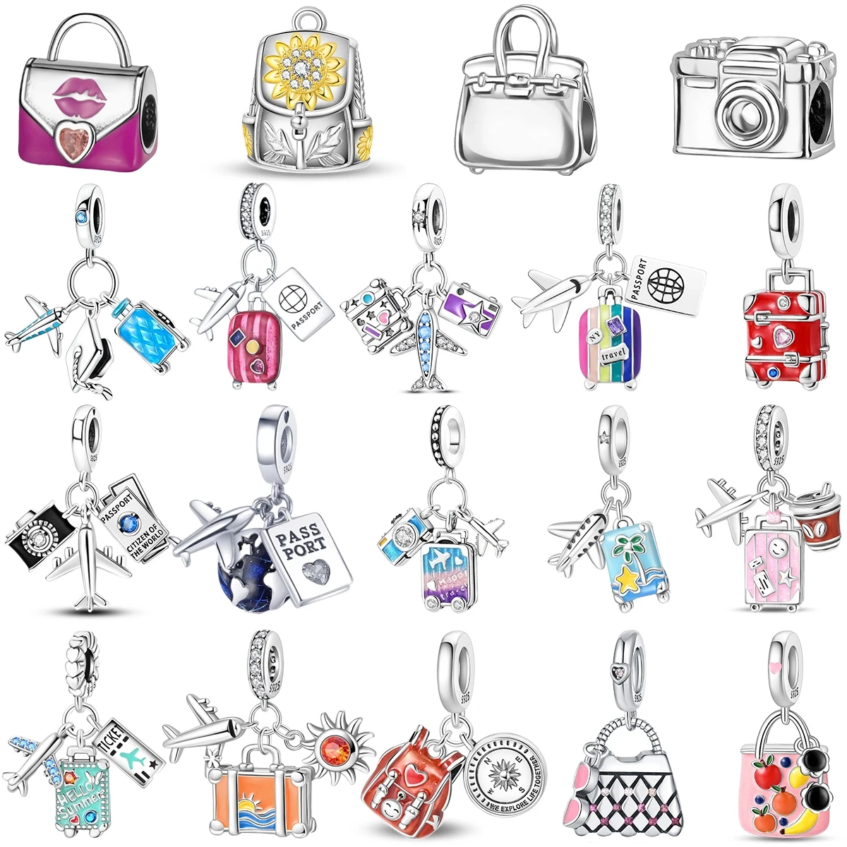 925 Sterling Silver Travel Luggage Handbag Camera Airplane Passport Suitcase Backpack Enamel Charms Fit Bracelet DIY Jewelry