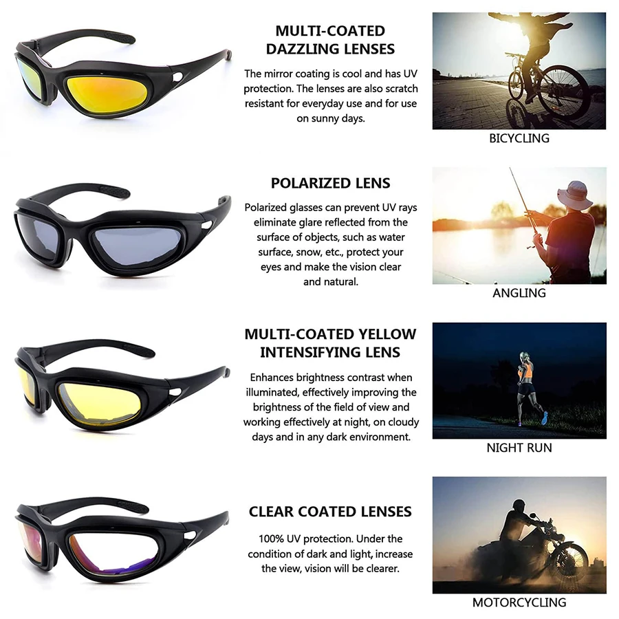 Motorcycle Riding Sun Glasses Anti-Fog Polarized Interchangeable Lens Sunglasses Shooting Cycling Hiking Work Padding Goggles