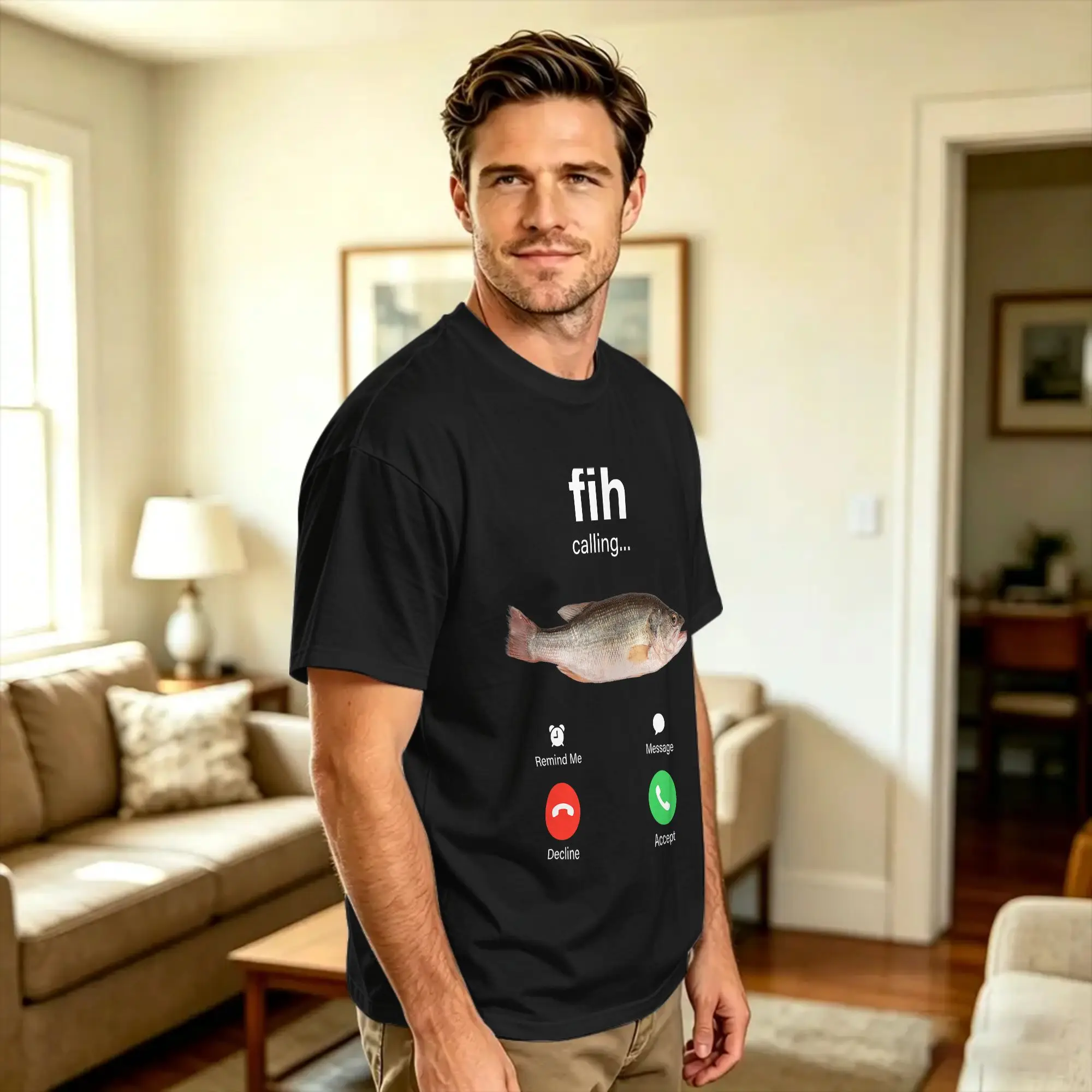 Fih Calling Decline Accept Phone Call Funny Fish Meme Cotton T Shirt For Men Summer  Y2K Funny T-Shirts Harajuku Tee Shirt