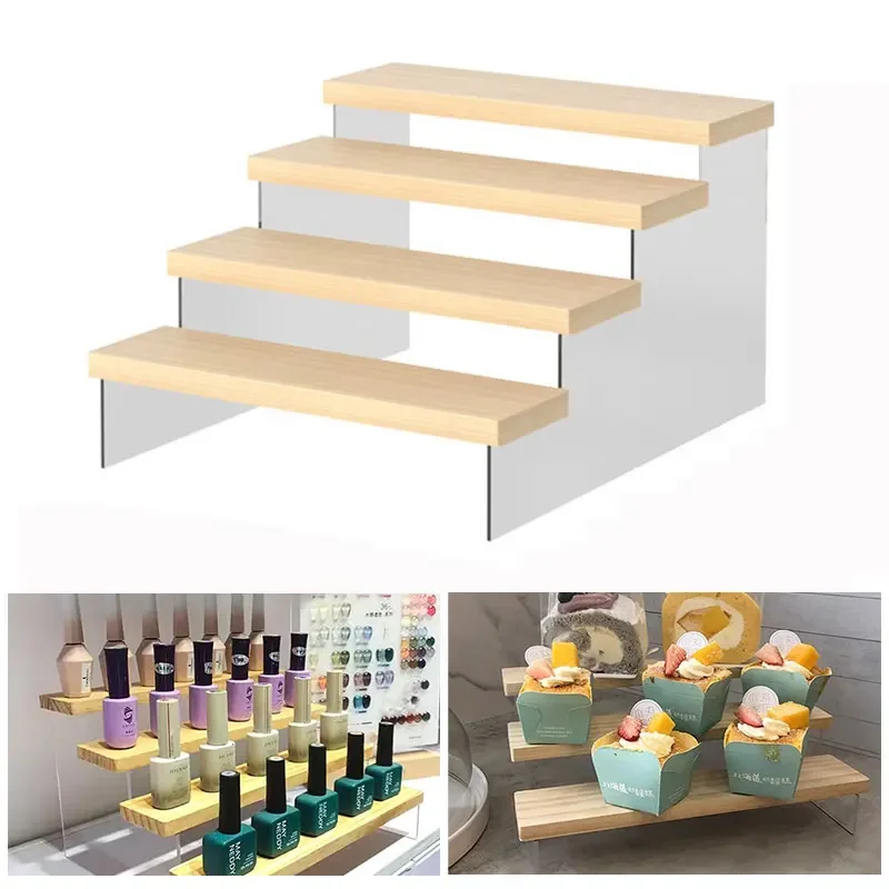 1-4 Tier Display Rack Wooden Display Stand Risers Shelf for Cupcake Doll Perfume Organizer Trapezoidal Blind Box Storage Shelfs