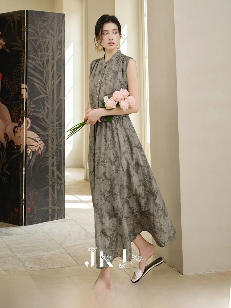 

New Chinese Sle irt Set Handmade Linen Embroidery Luxury Sensation JKJS【Ink Fluff】Women's Faion