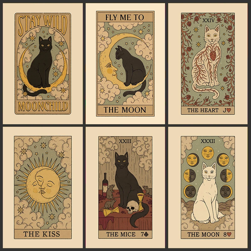 Katzen Tarot fliegen mich zum Mond Poster moderne Malerei Poster und druckt Leinwand Wand kunst