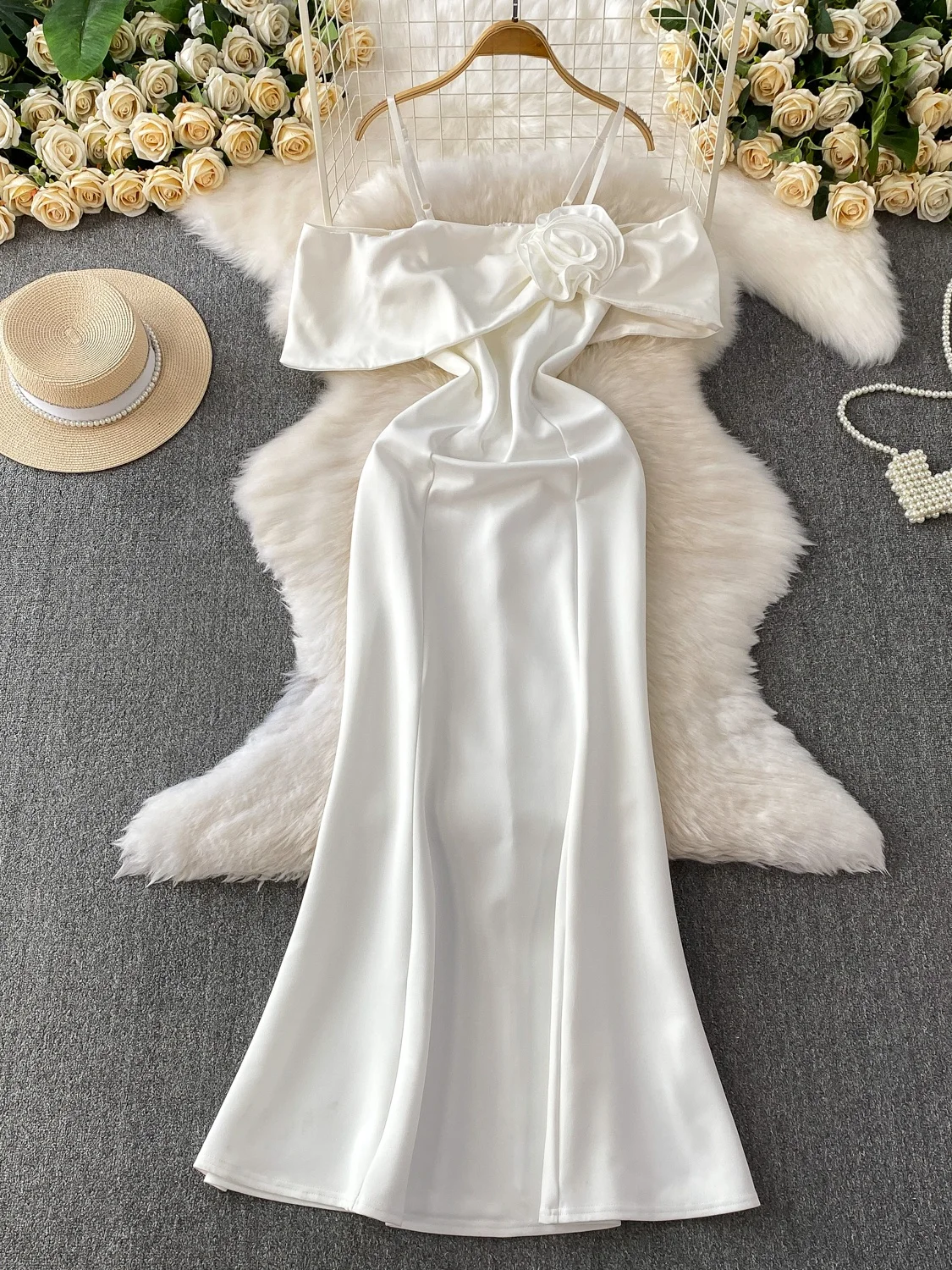 Ele One-oulder Satin Dr Donna Estate Vita alta A-Line Midi Dr Floreale Ricamo 3D Svel Commute Sle