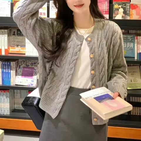 2025 Vintage Long Sleeve Cardigan Women Sweater O-neck Elegant Knitted Top Fashion Autumn Grey Knitwear