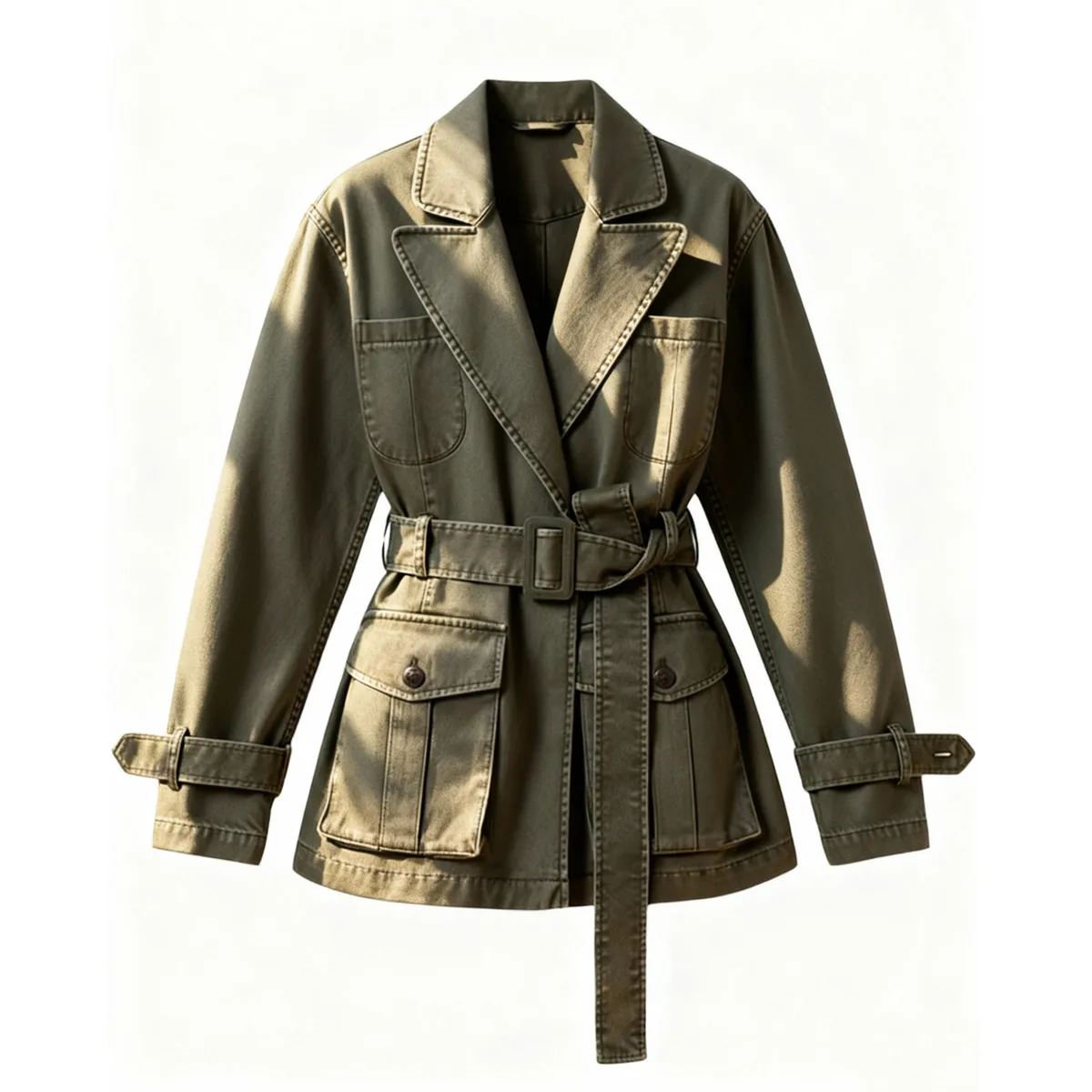 KWTX New 2025 Women's Military Green Denim Jacket Biker Vintage Belted Waist Cargo Lapel Pocket Elegant Outerwear Fall Casual