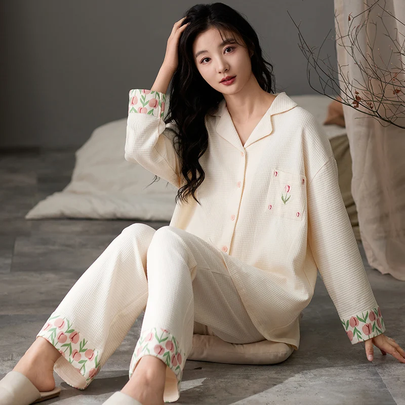 Flower Sweet Pajamas Set Women Cute Kawaii Long Sleeves Long Pants Autumn Winter Girls Sleepwear Cozy Pyjamas Soft Pijamas Pjs