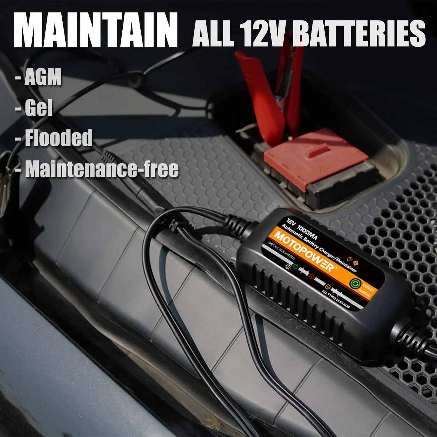 MOTOPOWER MP00205B-B 12V 1000mA Automatic Battery Charger, Battery Maintainer, Trickle Charger, and Battery Desulfator with Time