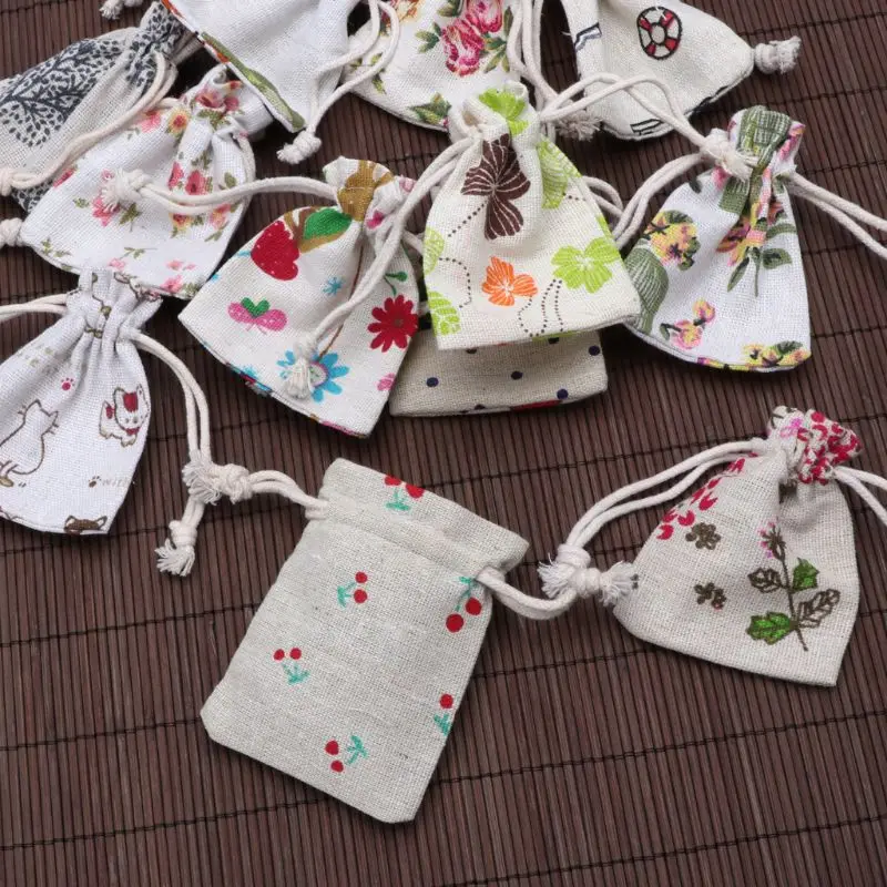 

New Flower Drawstring Burlap Gift Bag Candy Pouches Linen Pockets for