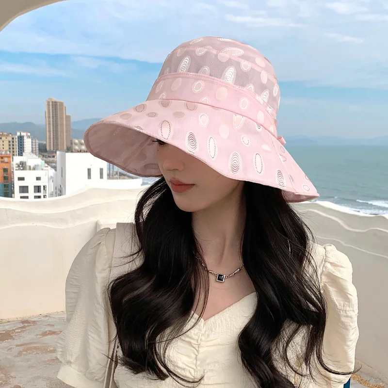 2023 Korean Style Spring and Autumn New Female Organza Embroidery Dot Bucket Summer Travel Protection Sun Hat