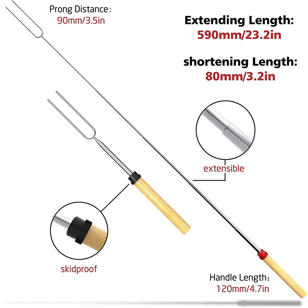 8Pcs Barbecue Skewers Stainless Steel BBQ Fork Extendable Marshmallow Roasting Stick Telescoping Smores Hot Dog Sausages Skewers