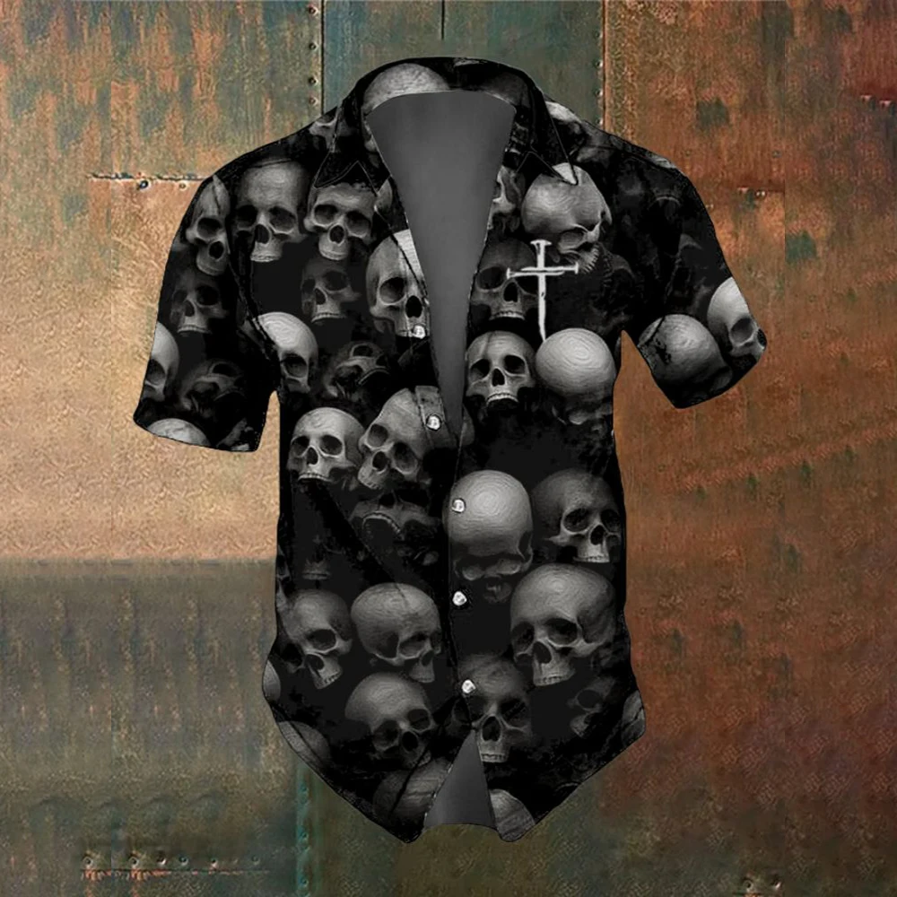 Summer Men\'s Fashion Horror Skull Cross Print Men\'s Short Sleeved Shirt Street Trend Party Men Oversized T-Shirt Top SIZE S-5XL