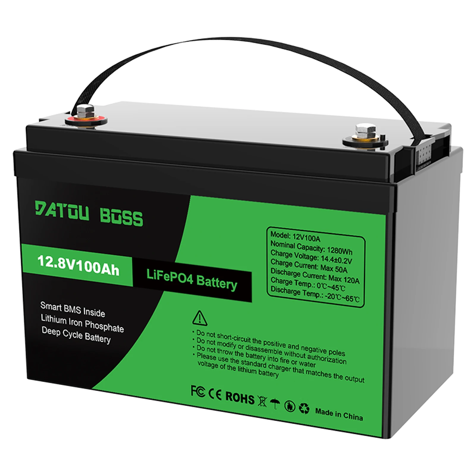 Datouboss 12V 100Ah LiFePO4 Deep Cycle-batterij Ingebouwde BMS, hoge prestaties voor zonne-energie, omvormer, HESS, 1280Wh
