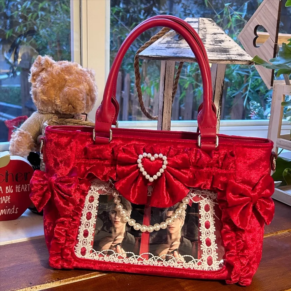 

Velvet Pear Tote Ita Bag Square Large Capacity Sac Femme Bow Spliced Hand Bags Transparent Bolso Sweet Bolsos De Mujer
