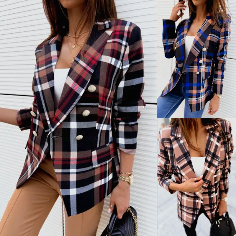 

Spring Autumn Fitted Plaid Suit Jacket Lady Elegant Blazer Wool Suit Jacket Commuter Suit Collar Long-Sleeved Top for Women