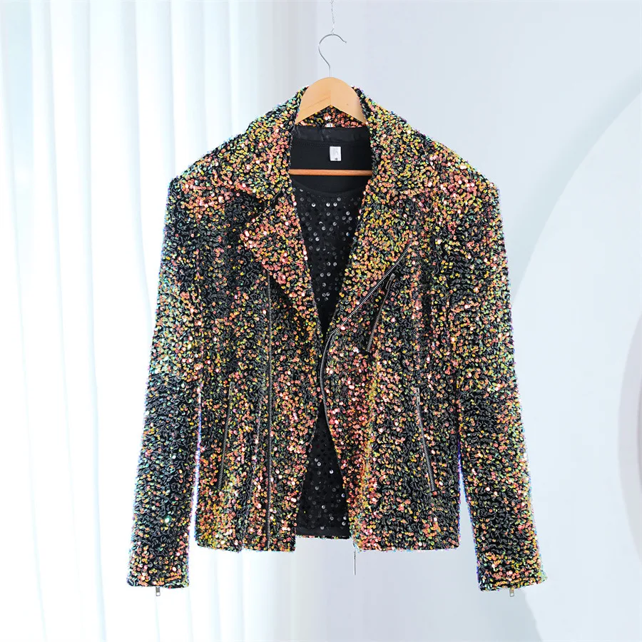 

KIDWHXR Blazer Men Colorful Sequin Turn Down Collar Male Suit Coat Non-ironing Long Sleeve Zipper Versatile Stage Man Outerwear