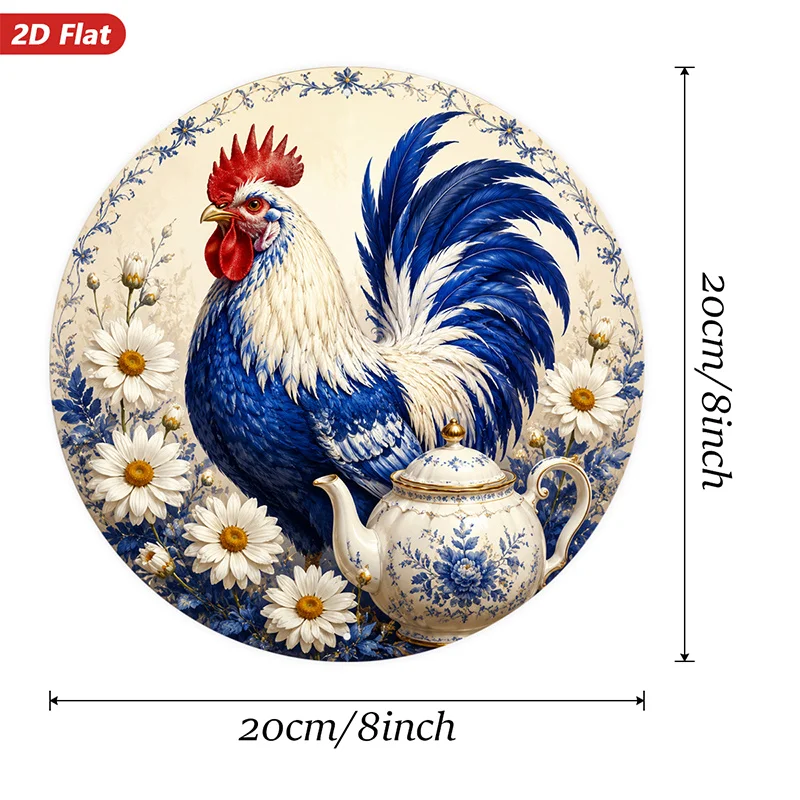2D Flat, 1pc Blue Rooster Floral Round Metal Sign Wall Art, Blue White Rooster, Home Decor, Porcelain Teapot, Daisy Blossoms, Vi