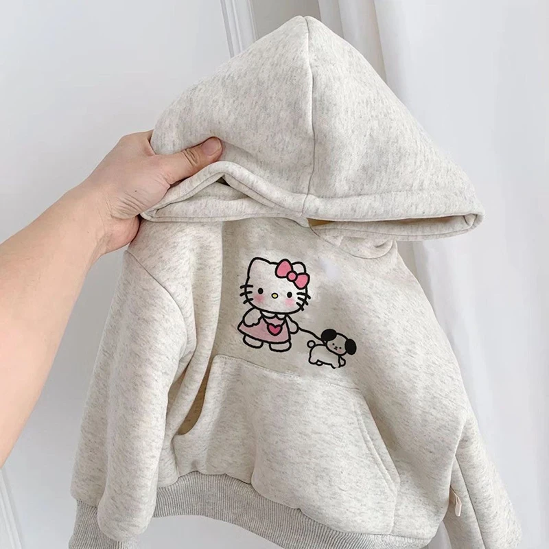 

Girls' Velvet Hoodies Autumn Winter New Cute Cat Printed Pullover Tops Korean Children Long Sleeved Casual Fleece Sweatshirt
